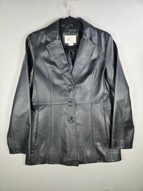 Vintage 90s Y2K Madison & Max Black Leather Blazer Jacket Grunge Minimalist Sz S